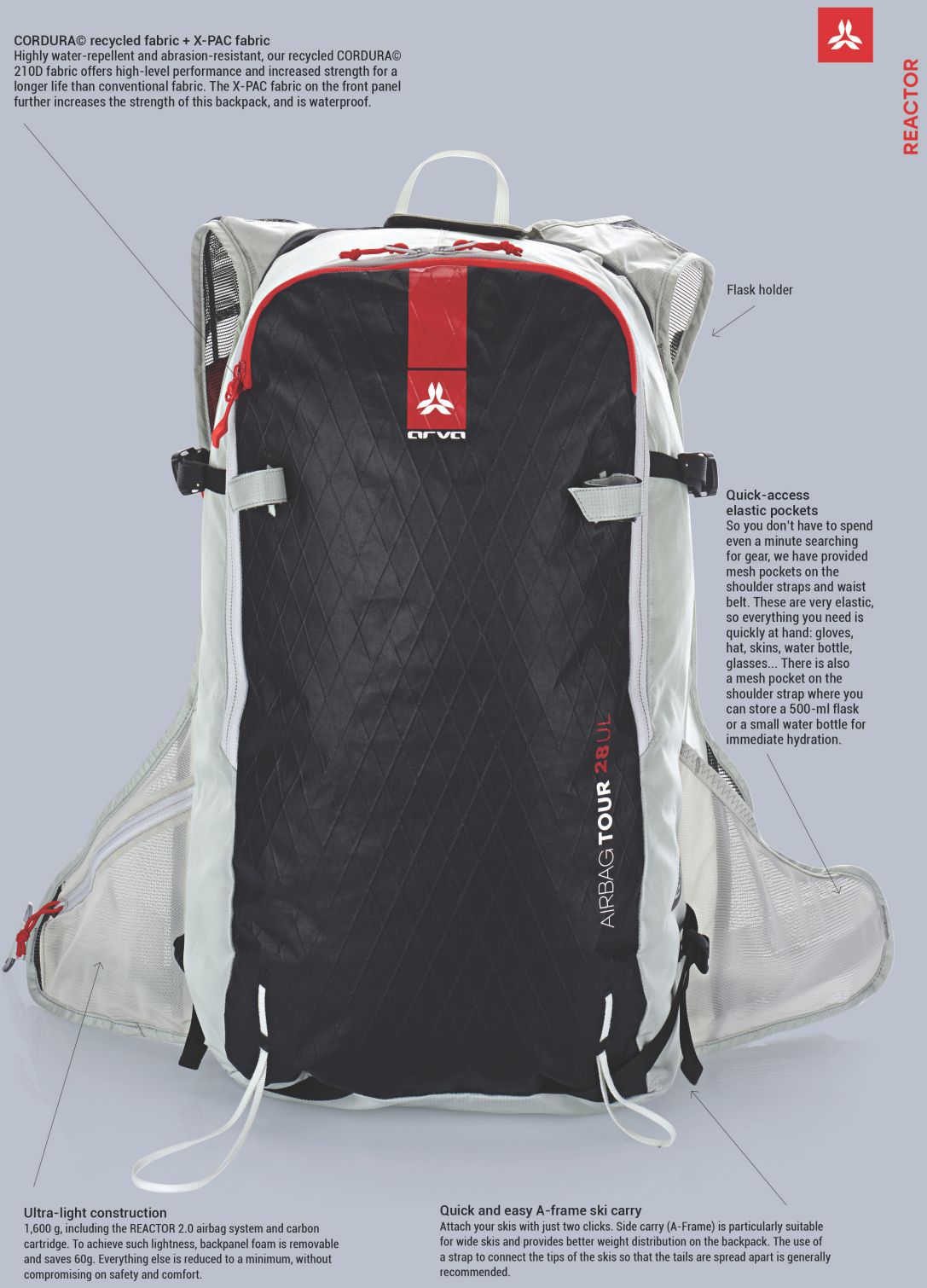 Spécificités du sac à dos airbag avalanche de ski de randonnée Tour 28 UL Arva